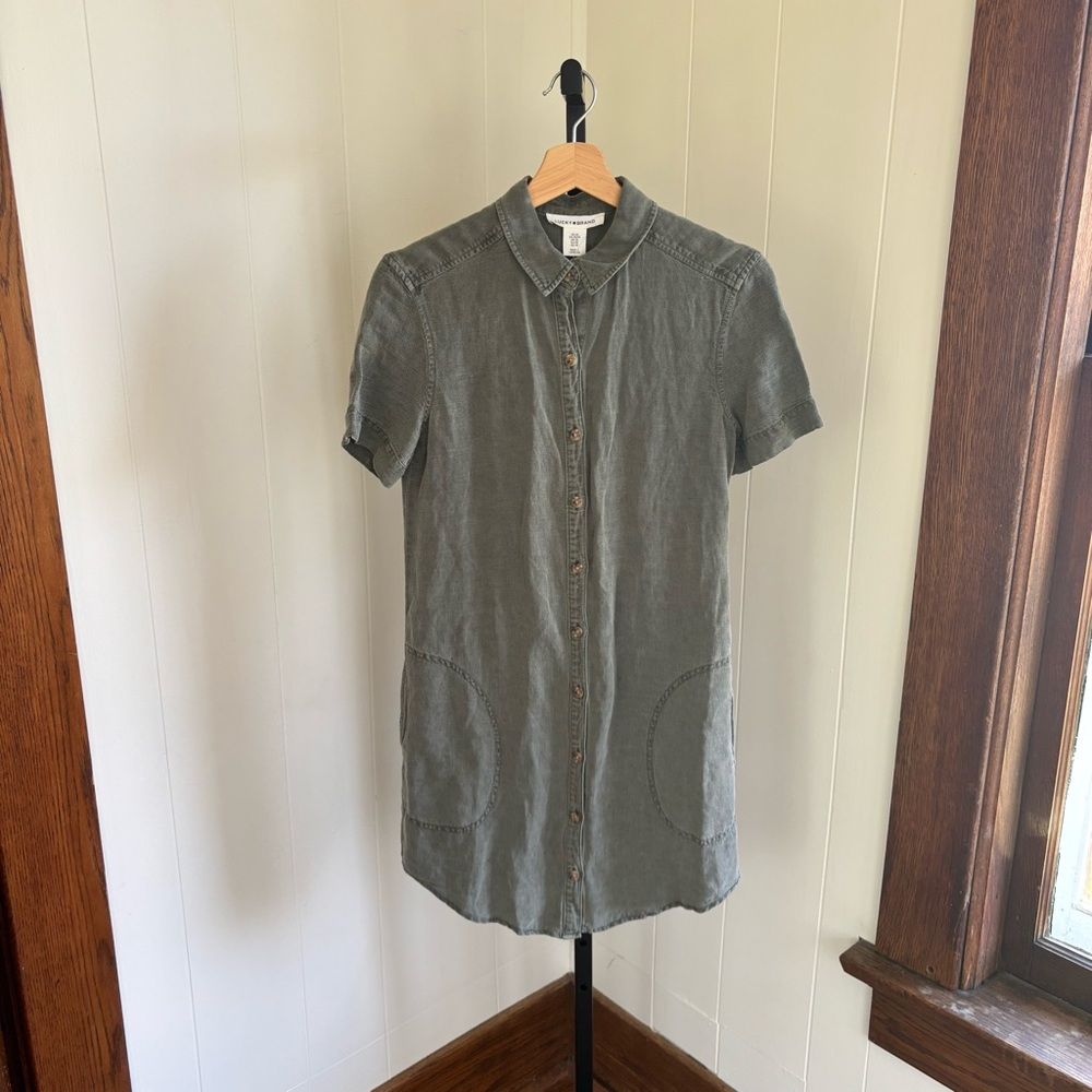 Lucky Brand Womens XS Linen Blend Green Short Sleeve Button Mini Shirt Dress NWT